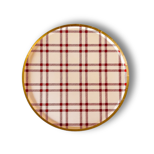 Round red and cream plaid paper plate with gold rim