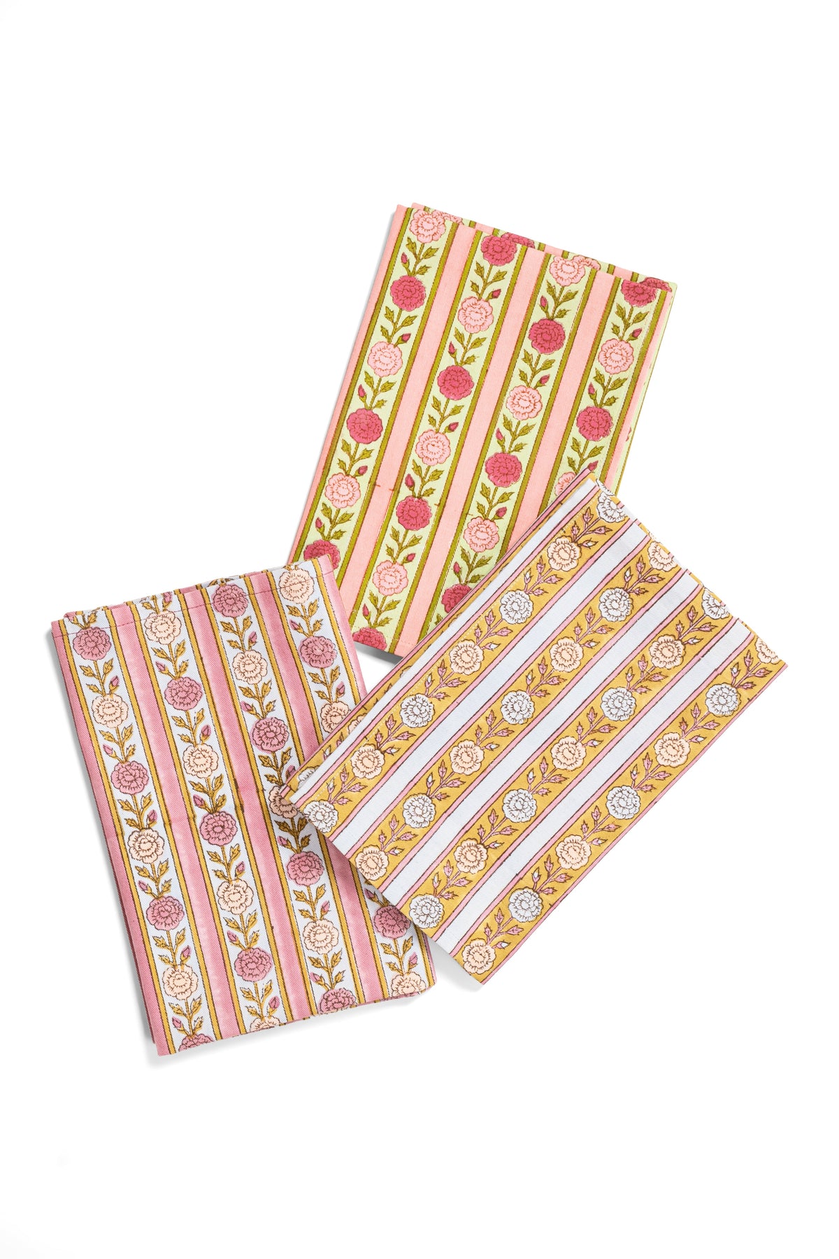 Stack of 4 napkins with striped floral pattern in pink, green, and gold tones on cream.