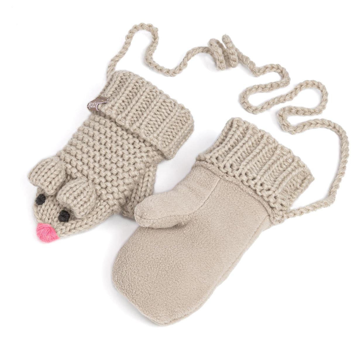 Oat beige mouse-face knit mittens with ribbed cuffs, cord, and soft palm lining