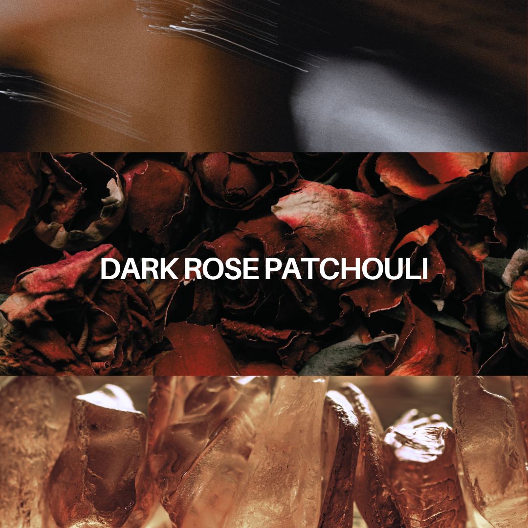 Dark Rose Patchouli text over patchouli leaf and rose-themed collage background