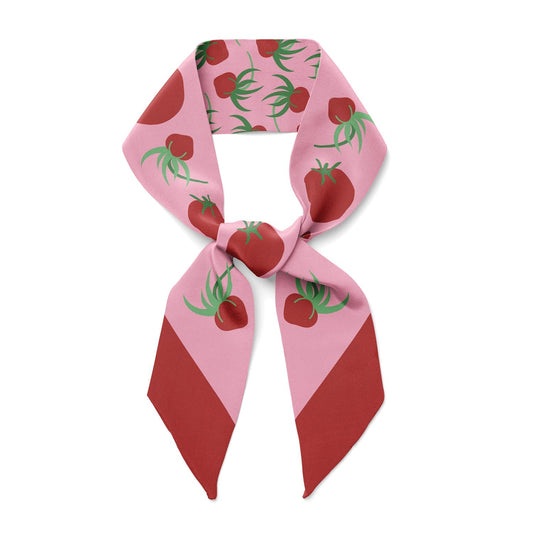 Tomato-pattern twilly ribbon scarf, pink with red tomatoes and green leaves
