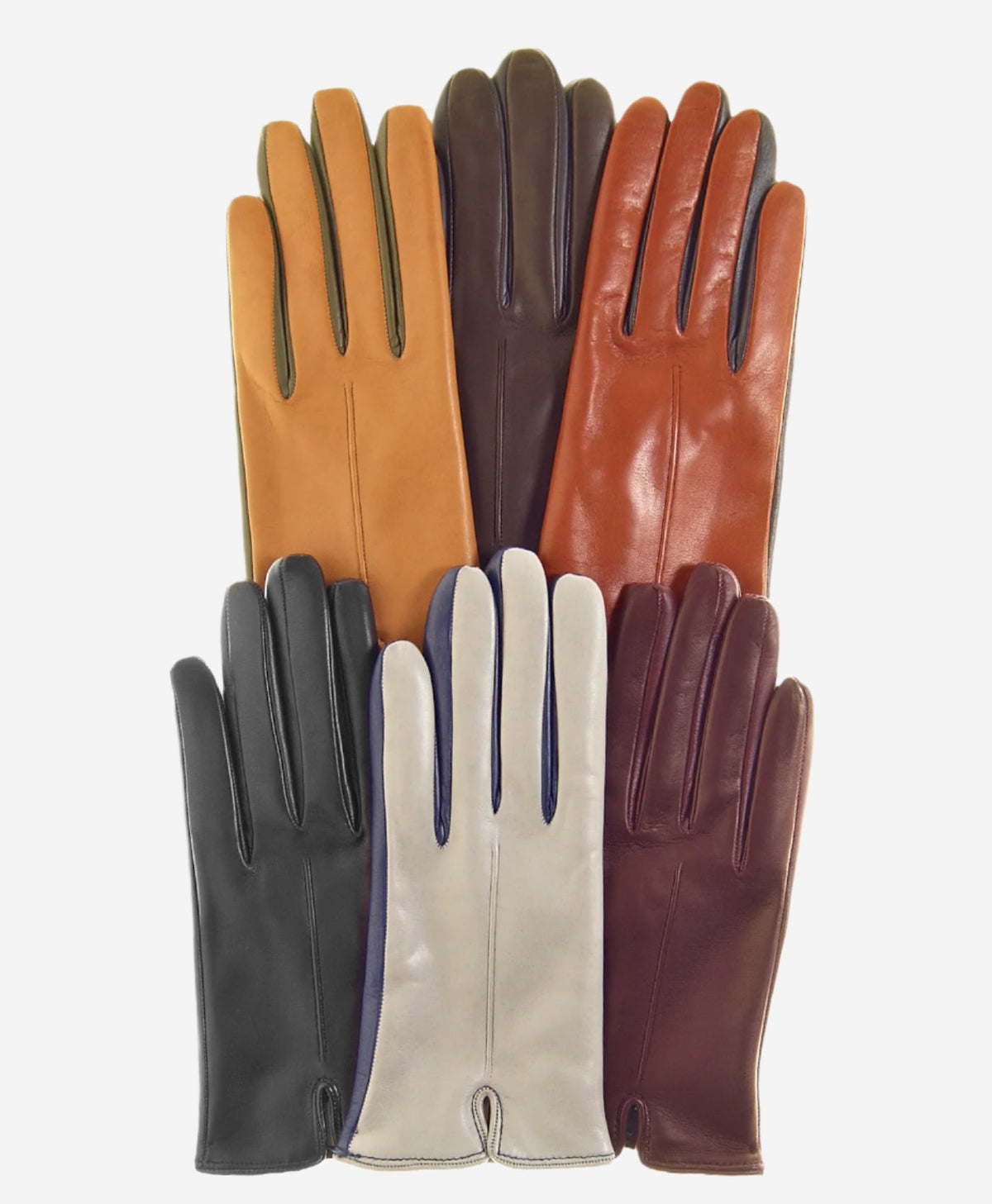 Assorted leather touchscreen gloves in multiple colors with stitched cuffs