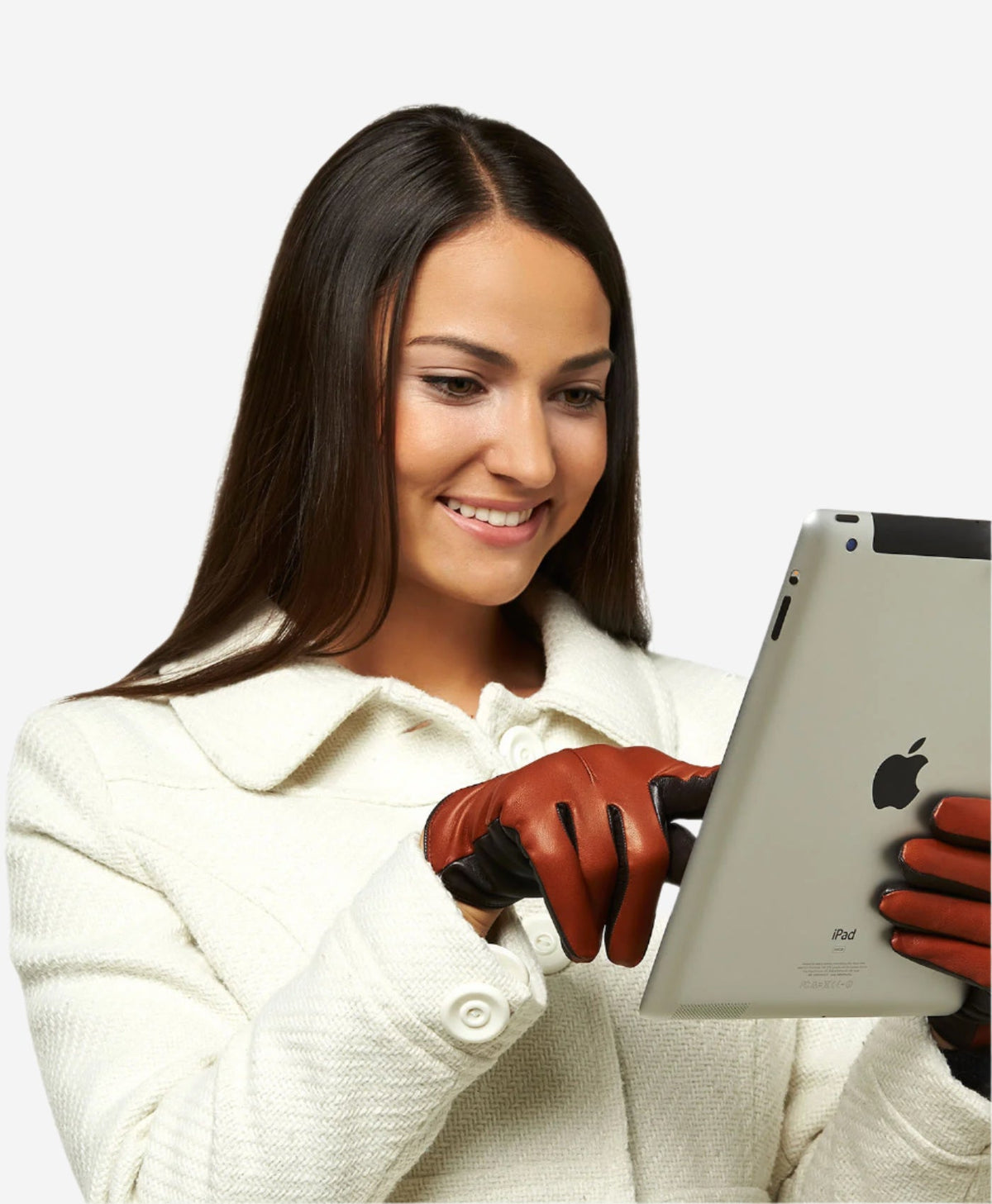 Medium brown touchscreen cashmere-lined leather gloves with knitted cuffs