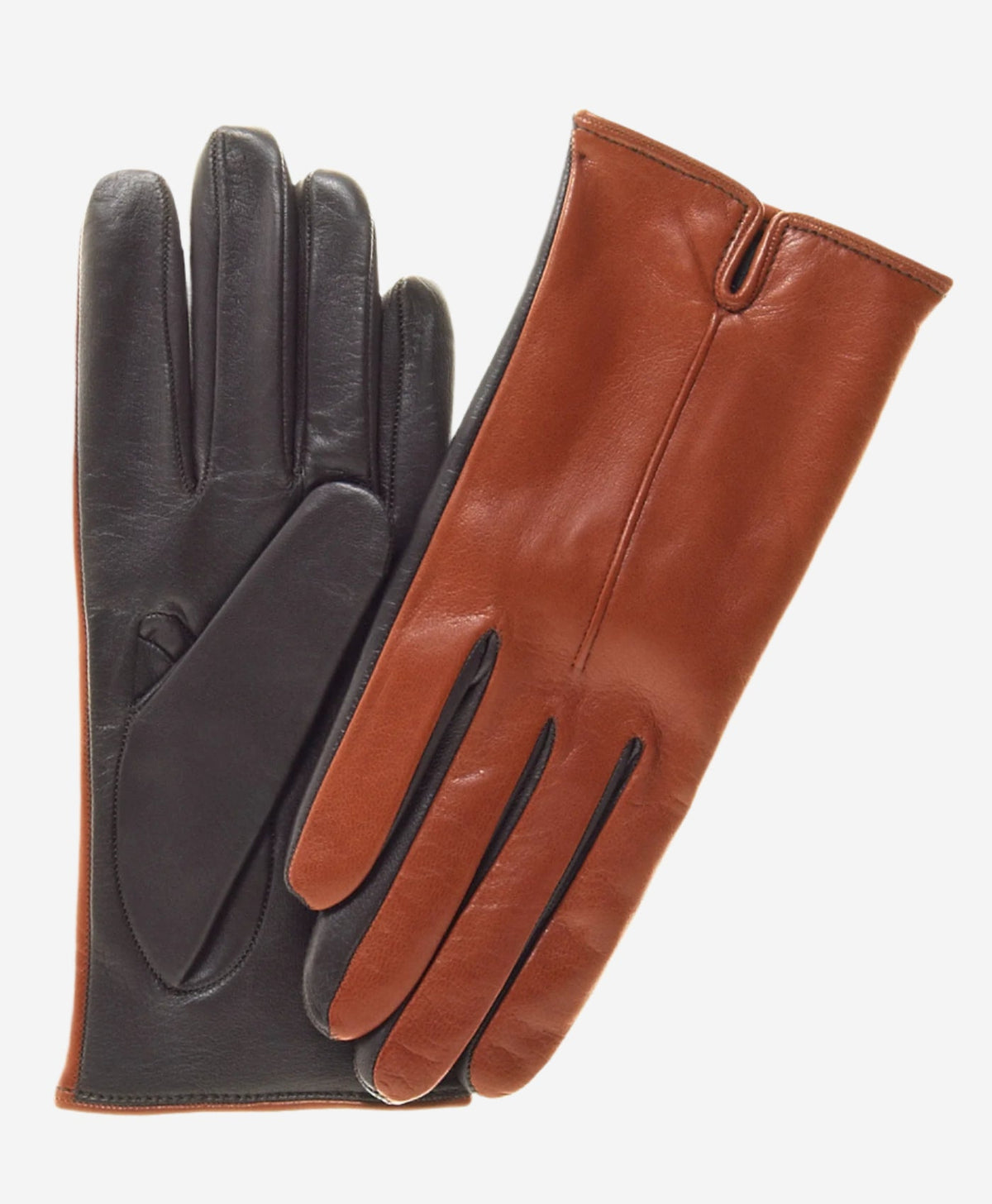 Leather touchscreen gloves pair in medium brown and dark brown with stitched seams