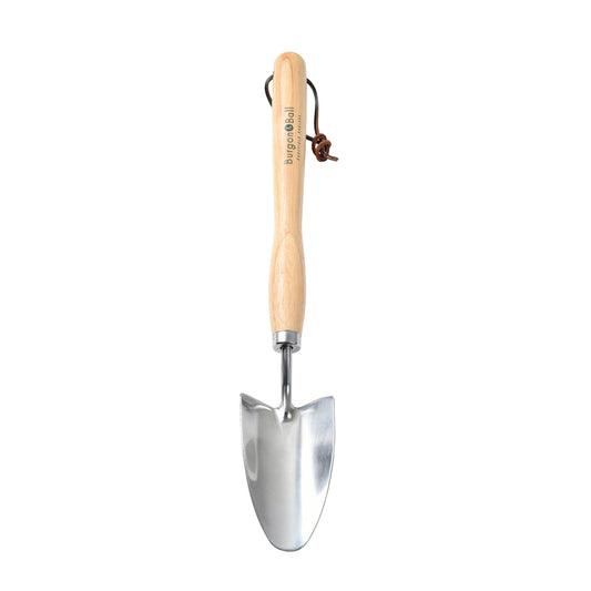 Stainless steel trowel with curved wooden handle and loop hanger, concave scoop blade