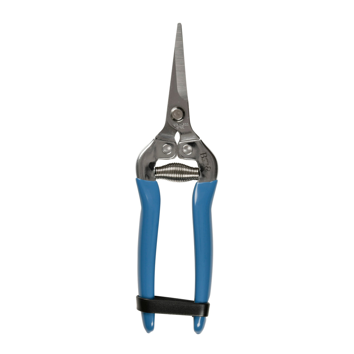 Fruit and flower snips with blue grips and silver cutting blades, front view