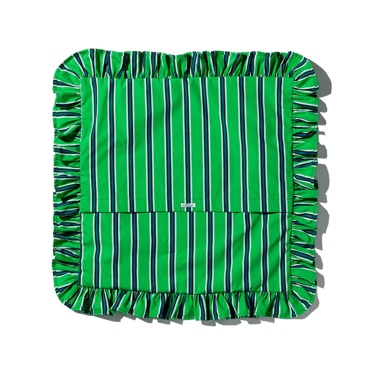 Green vertical stripe ruffle cushion cover, square front with gathered edges