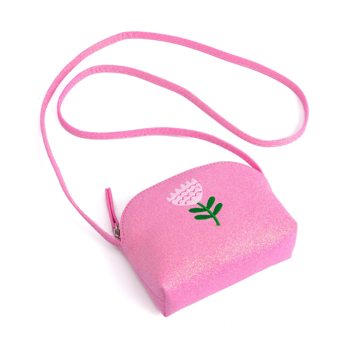 Pink glitter crossbody purse with a long strap and embroidered flower