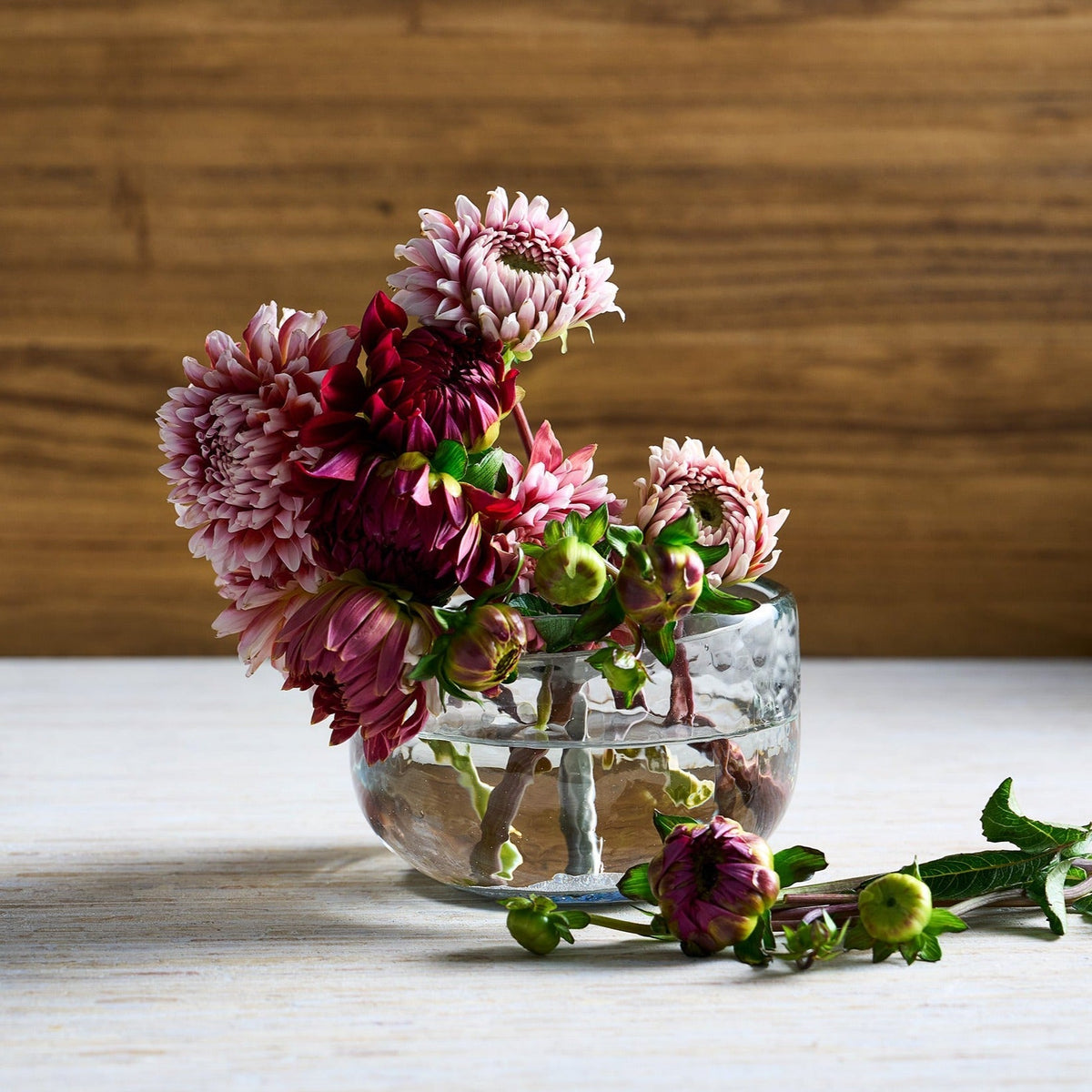 Metal flower frog in low glass bowl holding pink and burgundy chrysanthemum-like flowers