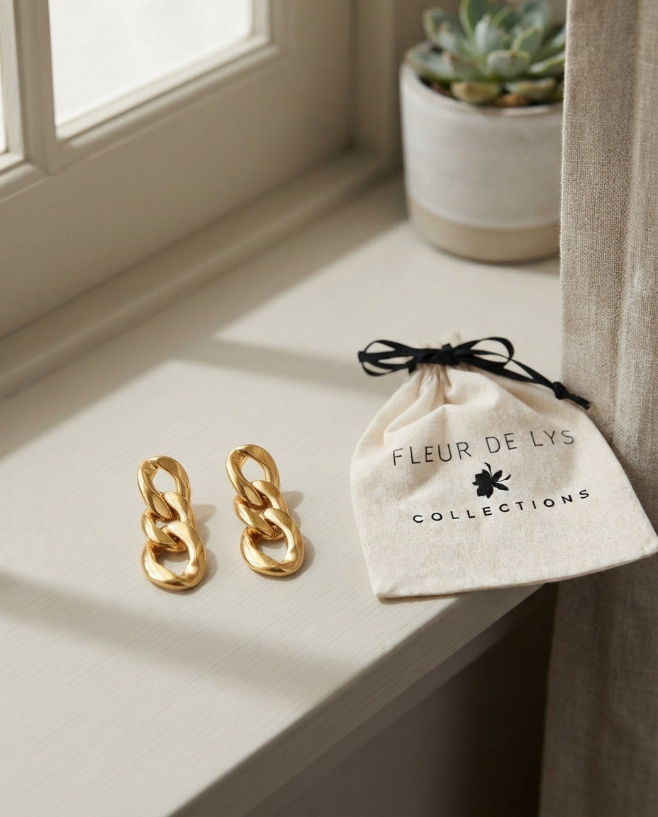 18k Gold Plated Links Chain Style. Stainless Steel Drop Earring, morning pane scene