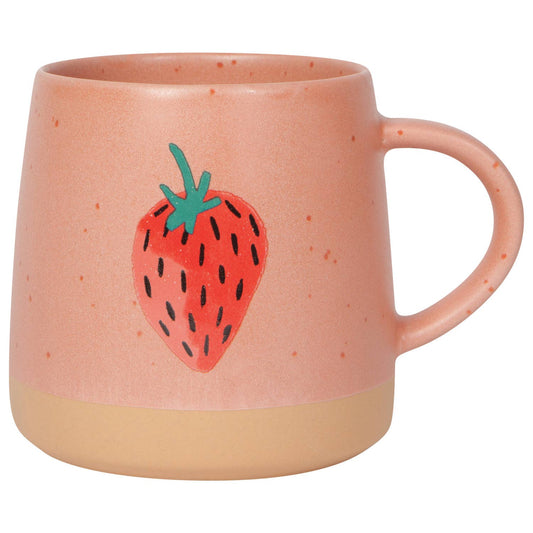 Pink ceramic mug with strawberry graphic and speckled finish, curved handle