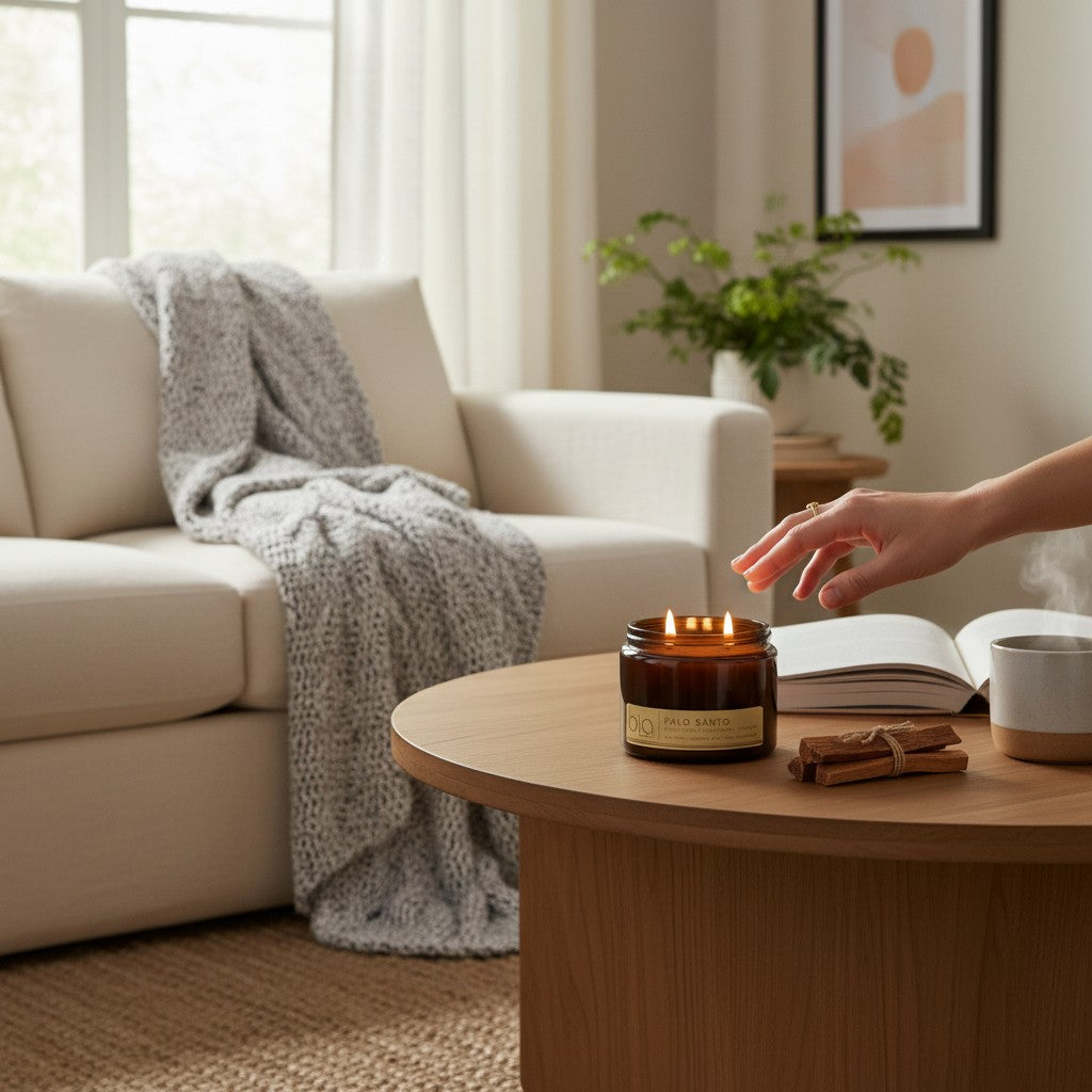 Small lit amber glass candle on coffee table with book and tray beside sofa