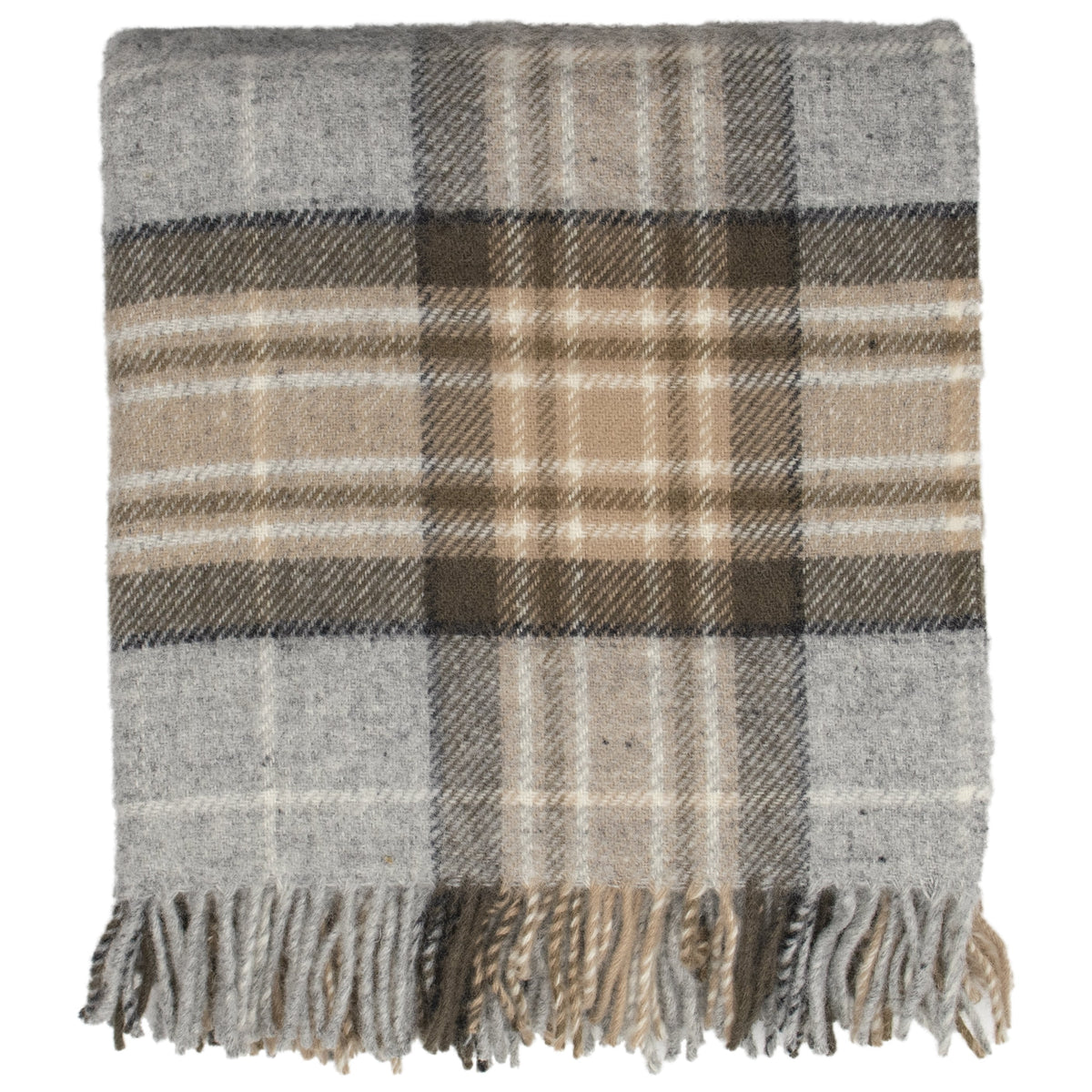 Plaid wool throw with fringed hem, gray base with tan and beige squares