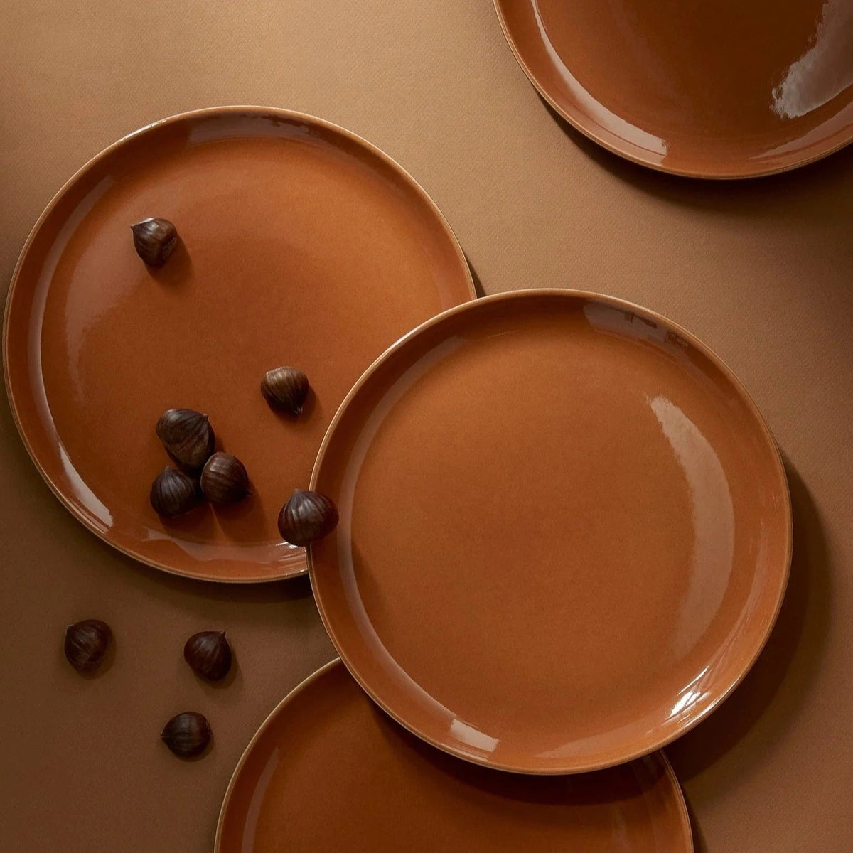 Glazed terracotta ceramic dinner plates with glossy finish