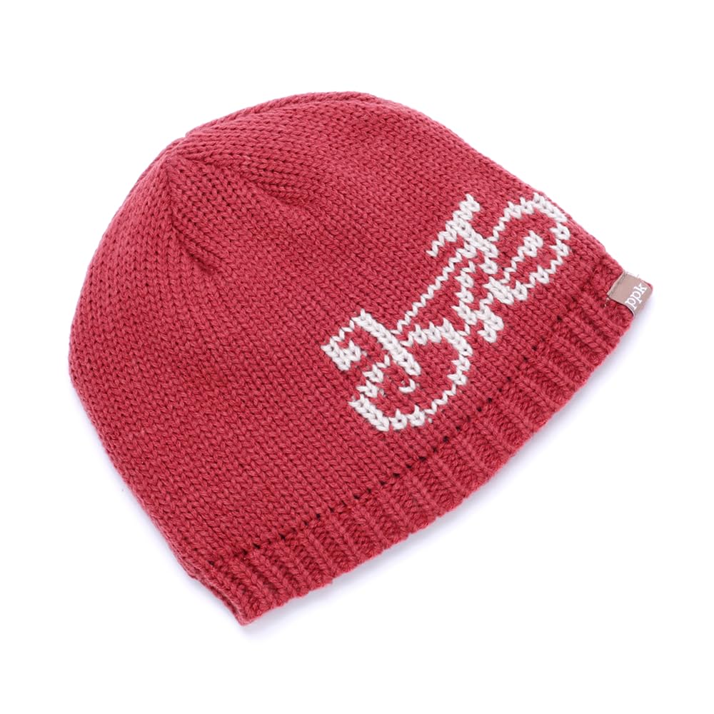 Red knitted beanie with a white graphic and ribbed cuff