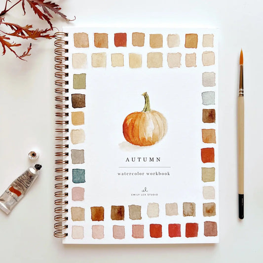 Watercolor workbook cover with pumpkin illustration and watercolor swatch border