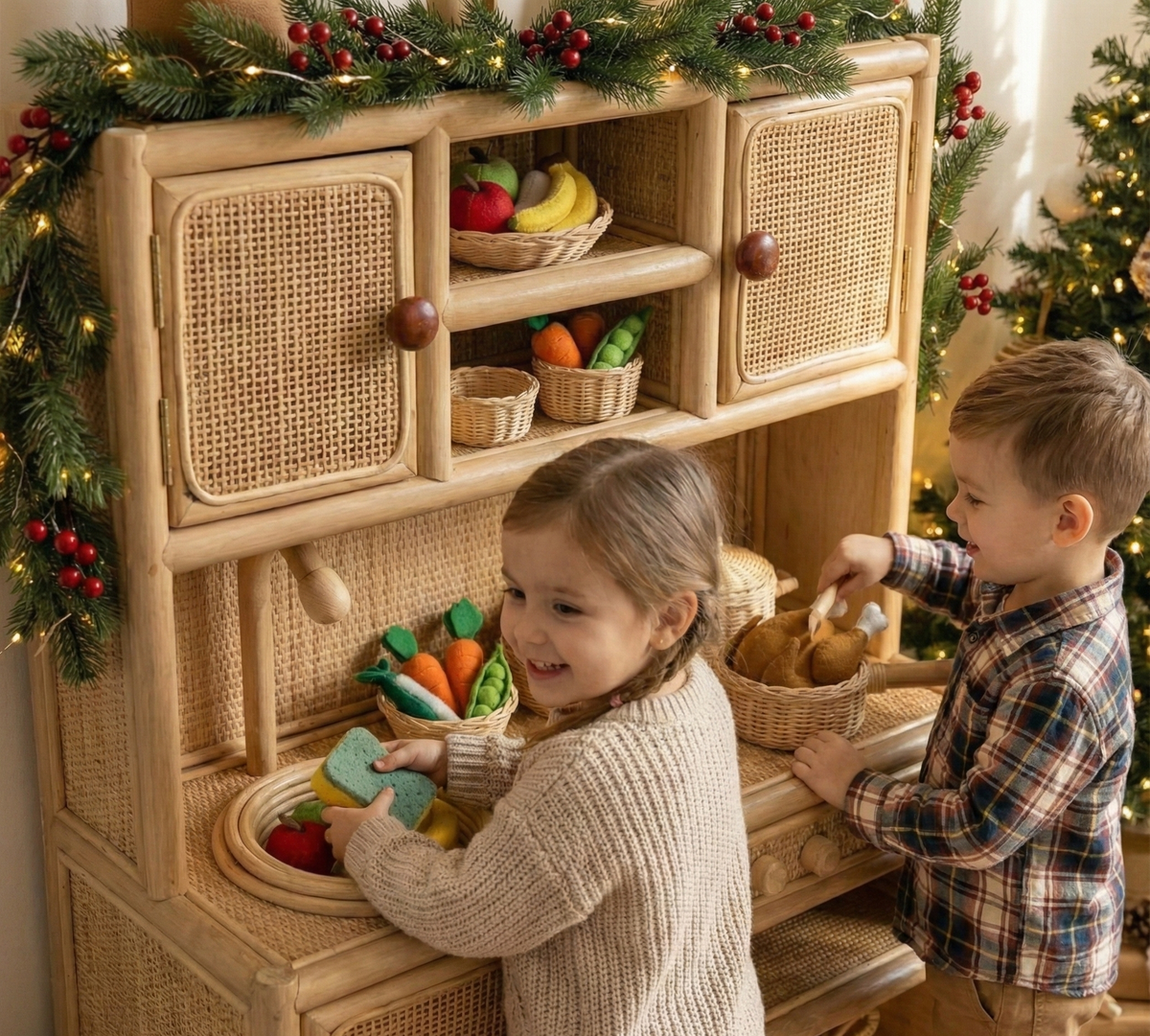 Montessori-Style Rattan Play Kitchen | Natural Pretend Play Station with Storage FREE SHIPPING