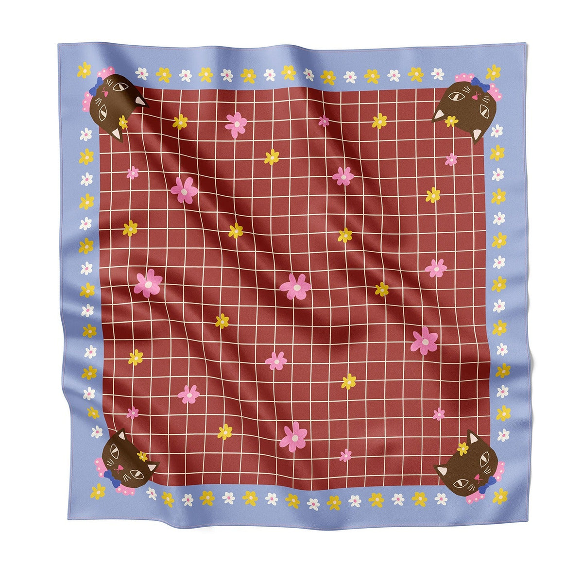 Silk square scarf with blue border, brown grid, and colorful flower and cat print