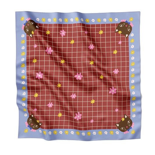 Silk square scarf with blue border, brown grid, and colorful flower and cat print
