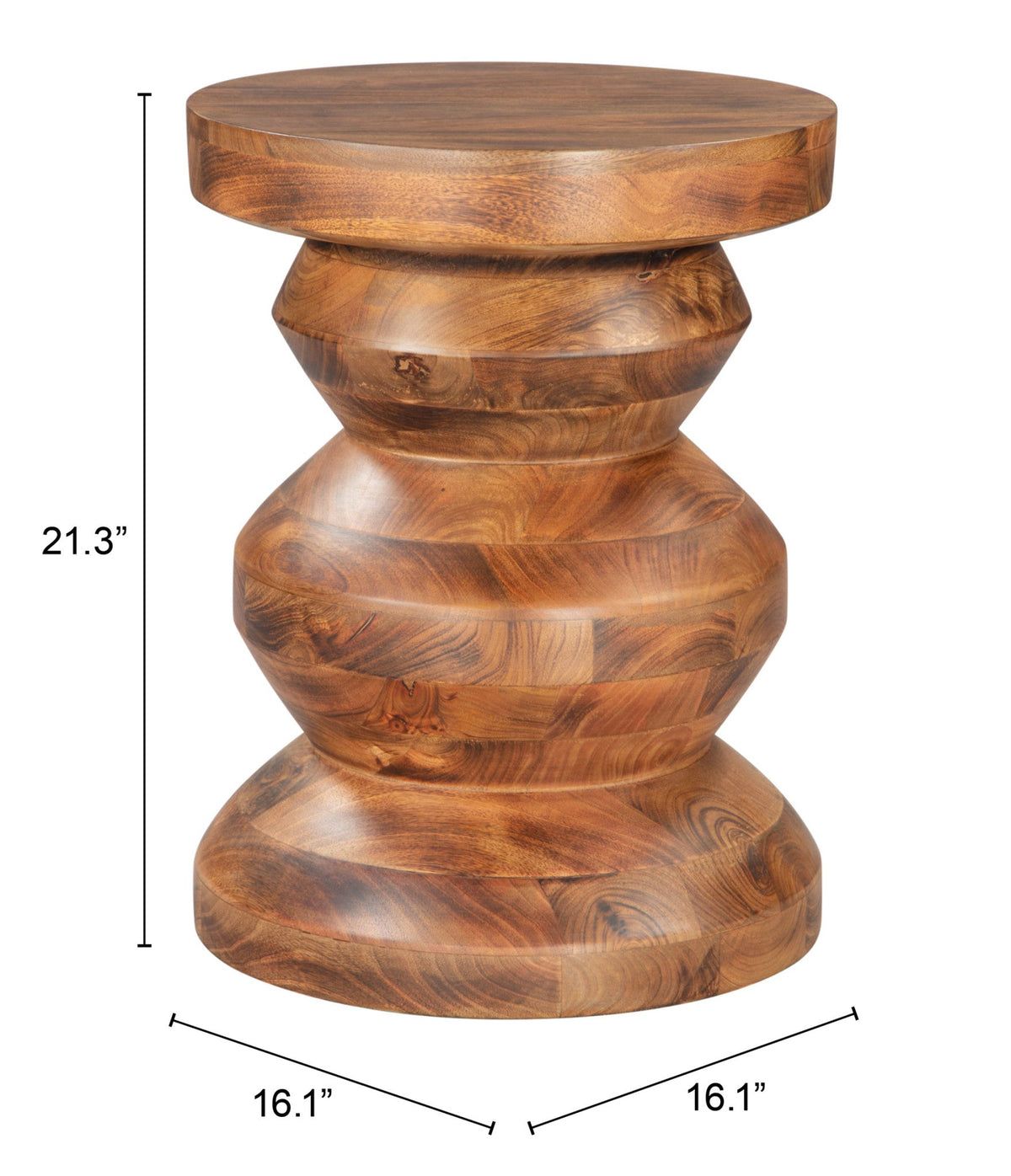 Kerala wooden side table with round top, sculpted base, and dimensions of 21.3 by 16.1 inches