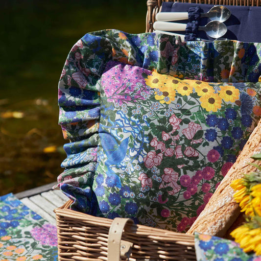 Floral ruffled pillow cover with patchwork print and gathered edge trim