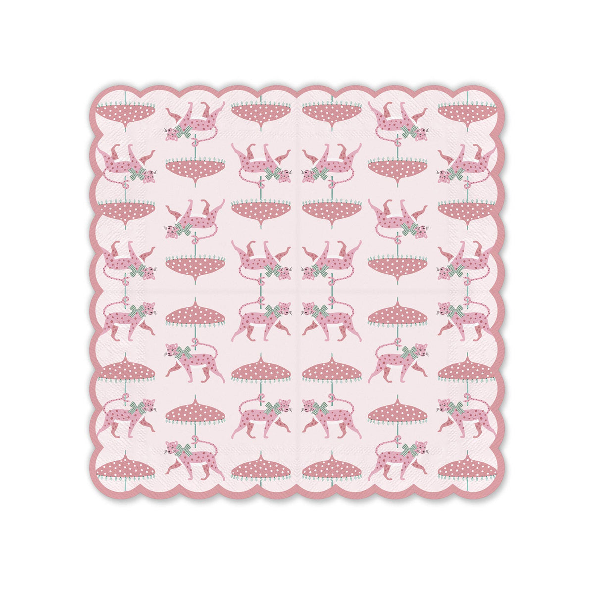 Pink beverage napkin set with scalloped edges and repeating leopard-and-tutus print
