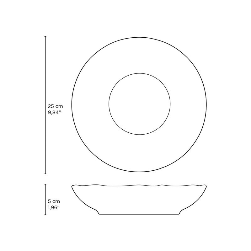 Pasta plate size diagram showing 25 cm diameter and 5 cm depth.