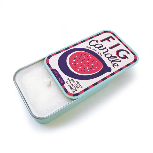 Fig soy wax candle in teal metal tin with fig label lid