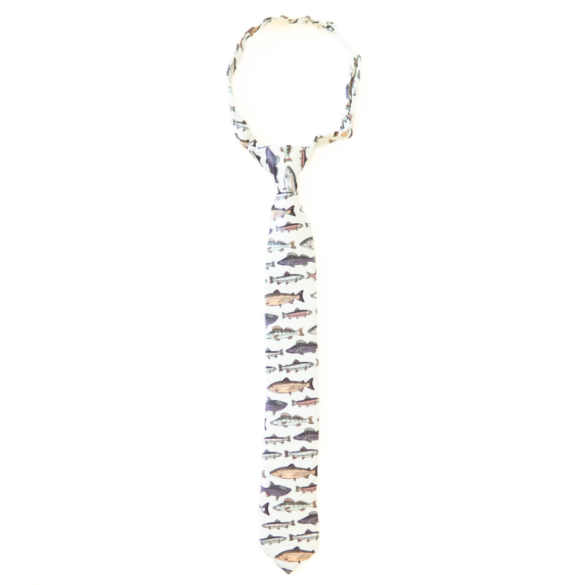 Boys fish print necktie with multicolor fish pattern on a white background