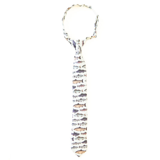 Boys fish print necktie with multicolor fish pattern on a white background