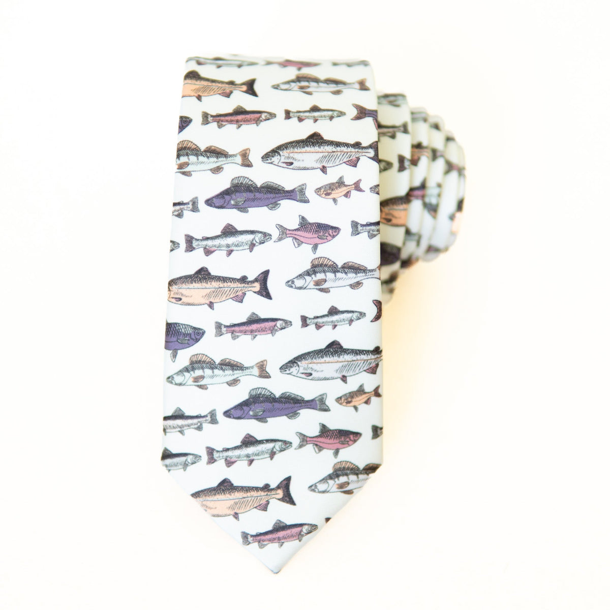 Men's fish-pattern necktie, white background with multicolor fish silhouettes