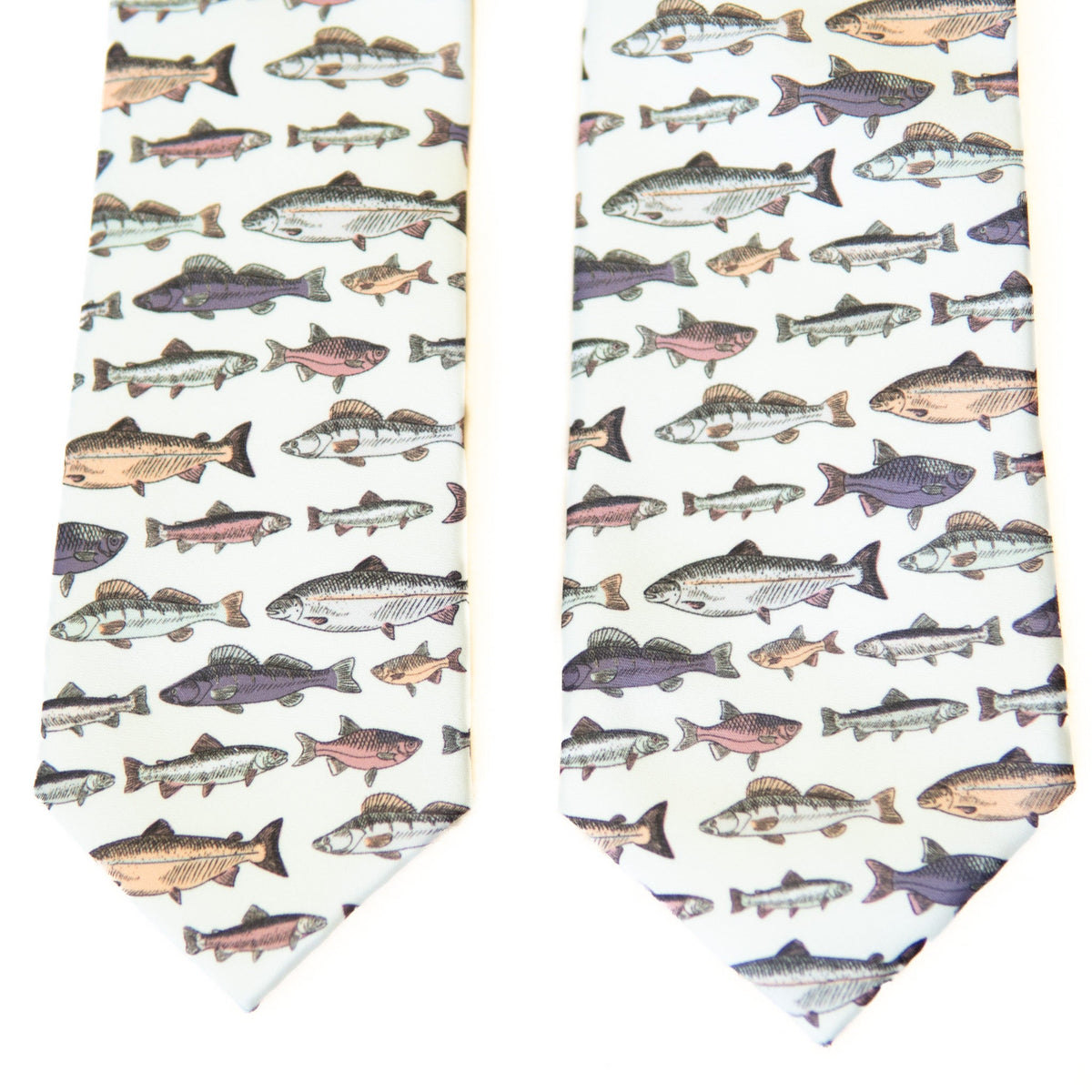 Two men's fish-pattern neckties, white with multicolor fish silhouettes