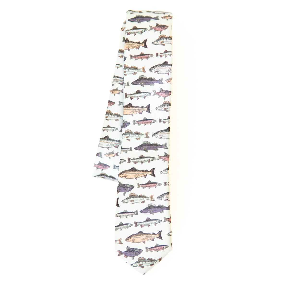 White youth necktie with colorful fish print pattern, slim tie length