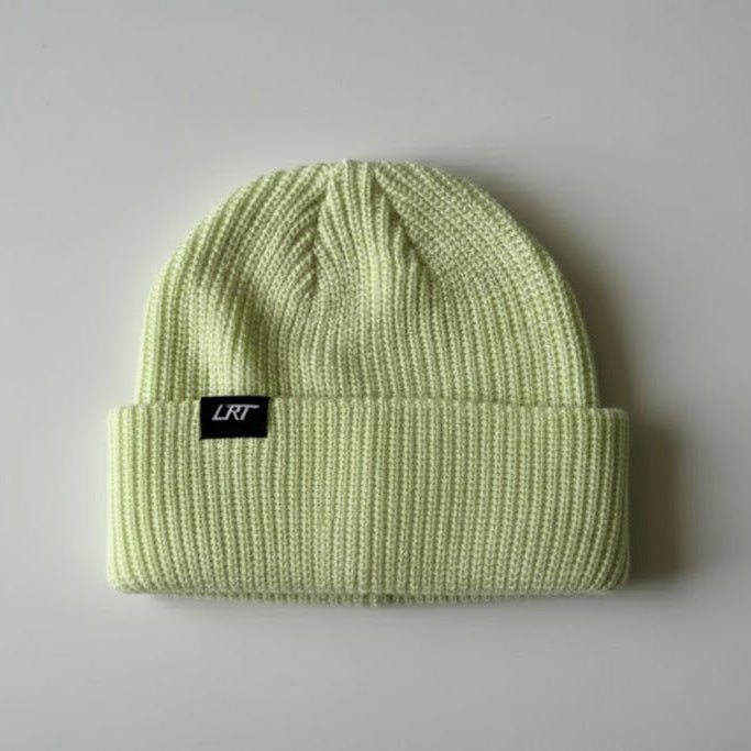 Lime knit beanie with ribbed texture, folded edge, and LRT label