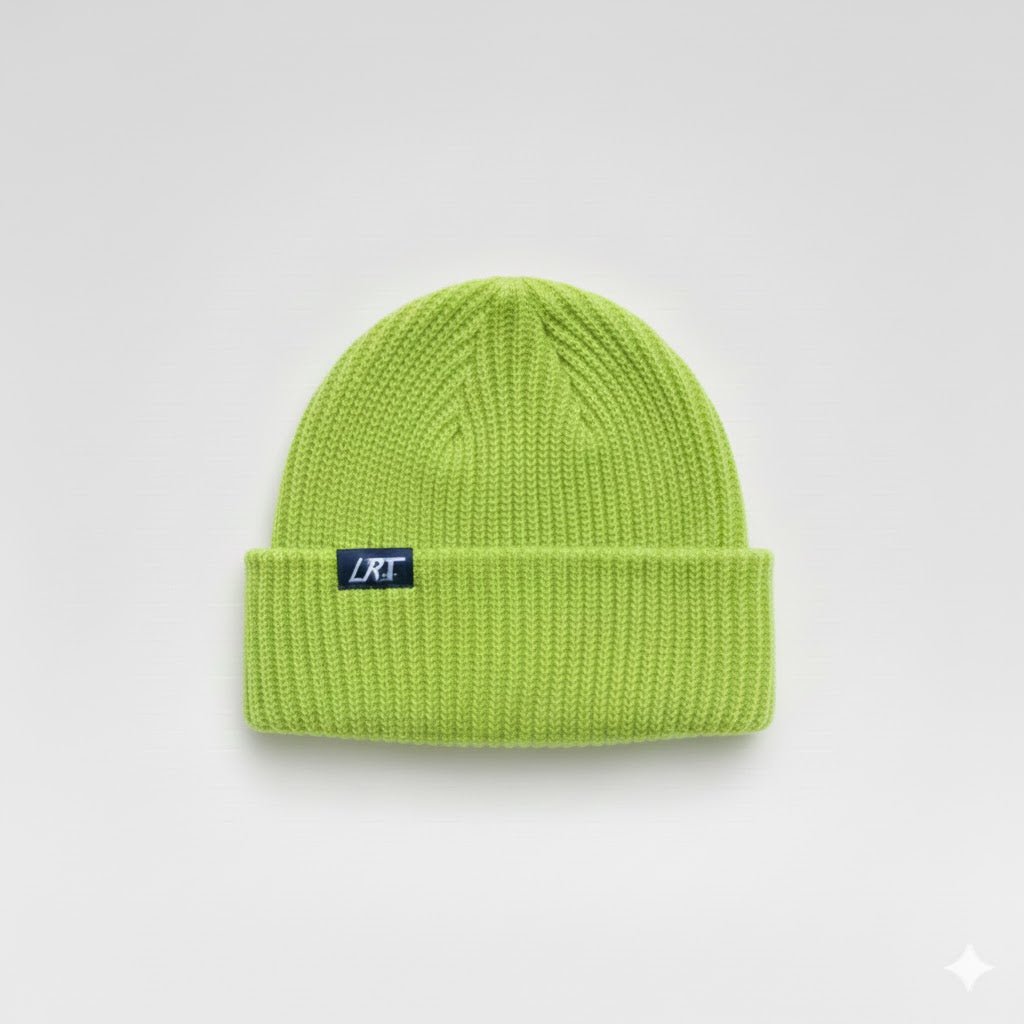 Lime knit fisherman beanie with ribbed cuff and LRT tag