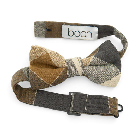 Fletcher boys plaid bow tie in brown, tan, and dark gray with matching strap