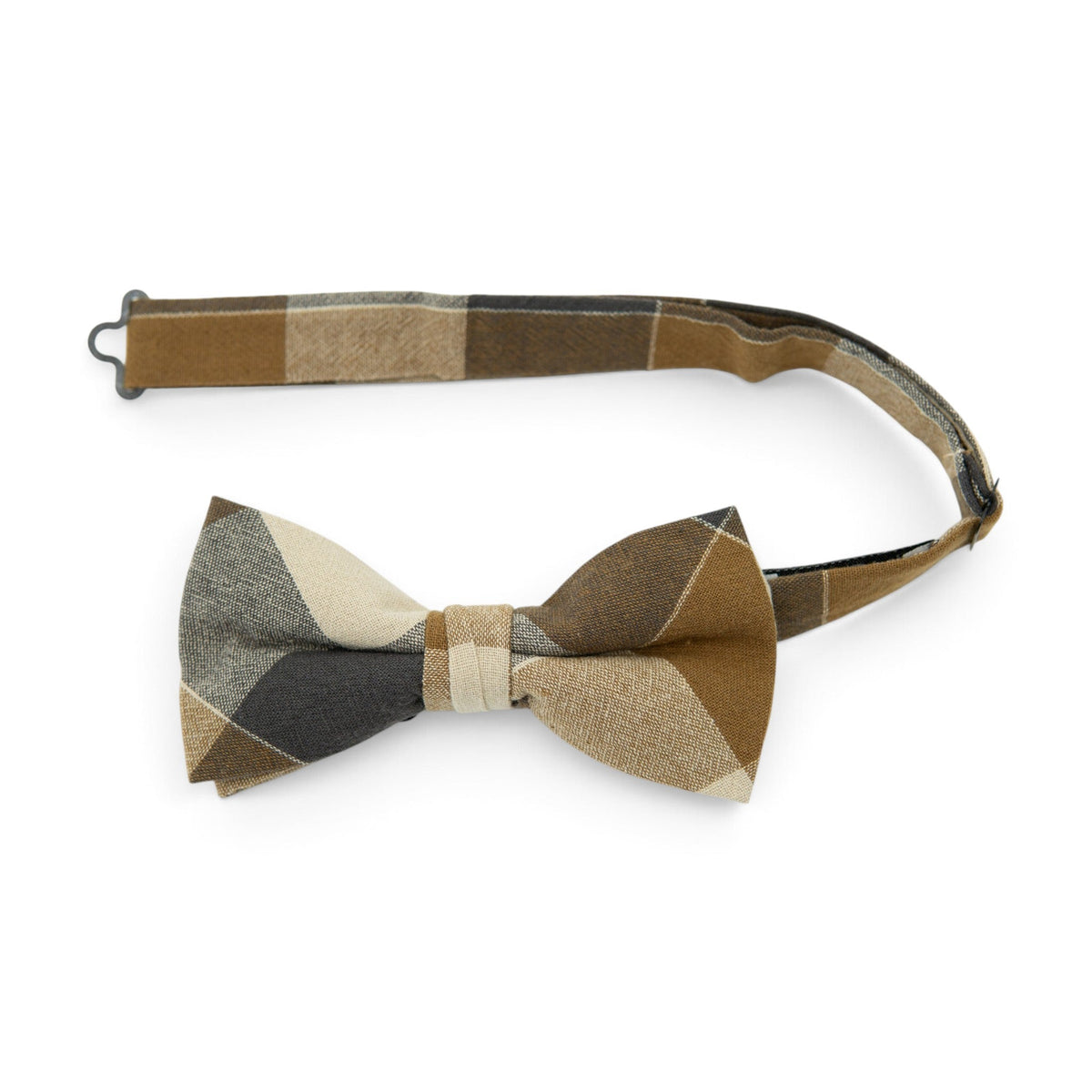 Men's pre-tied bow tie in plaid brown and beige with dark accents