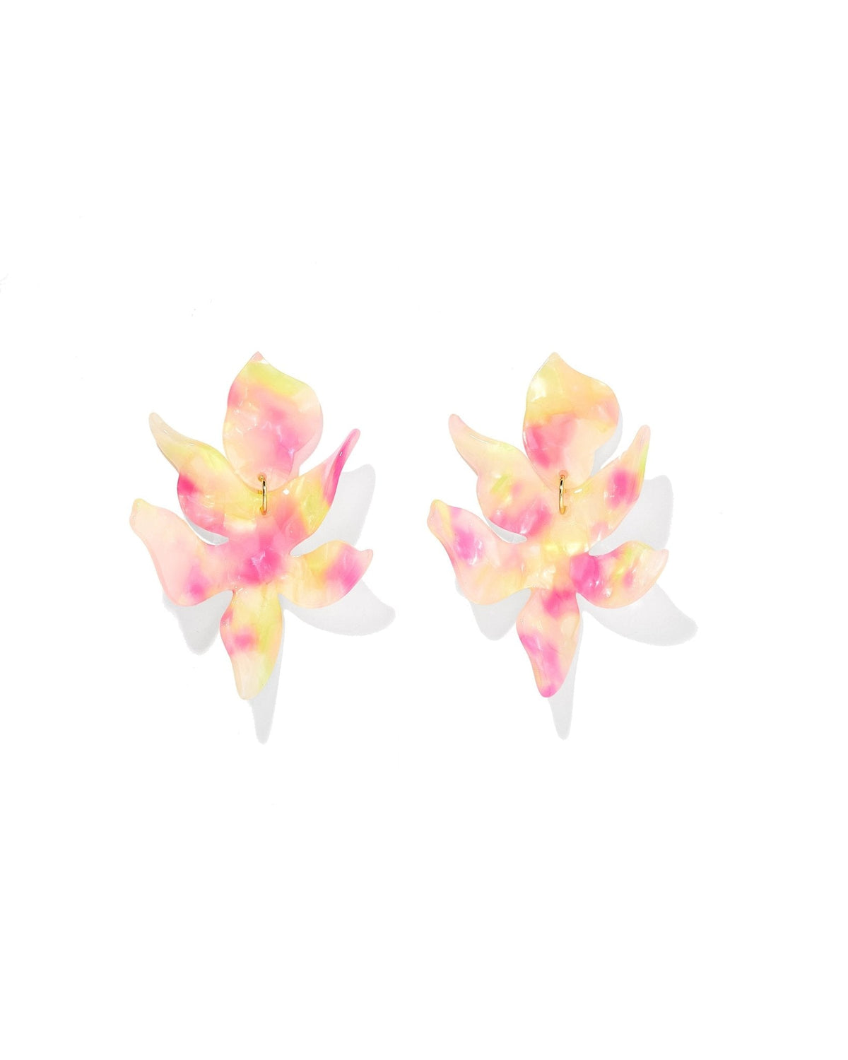 Floral statement earrings with pink and yellow petals on gold hooks
