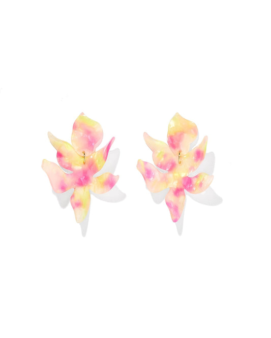 Floral statement earrings with pink and yellow petals on gold hooks
