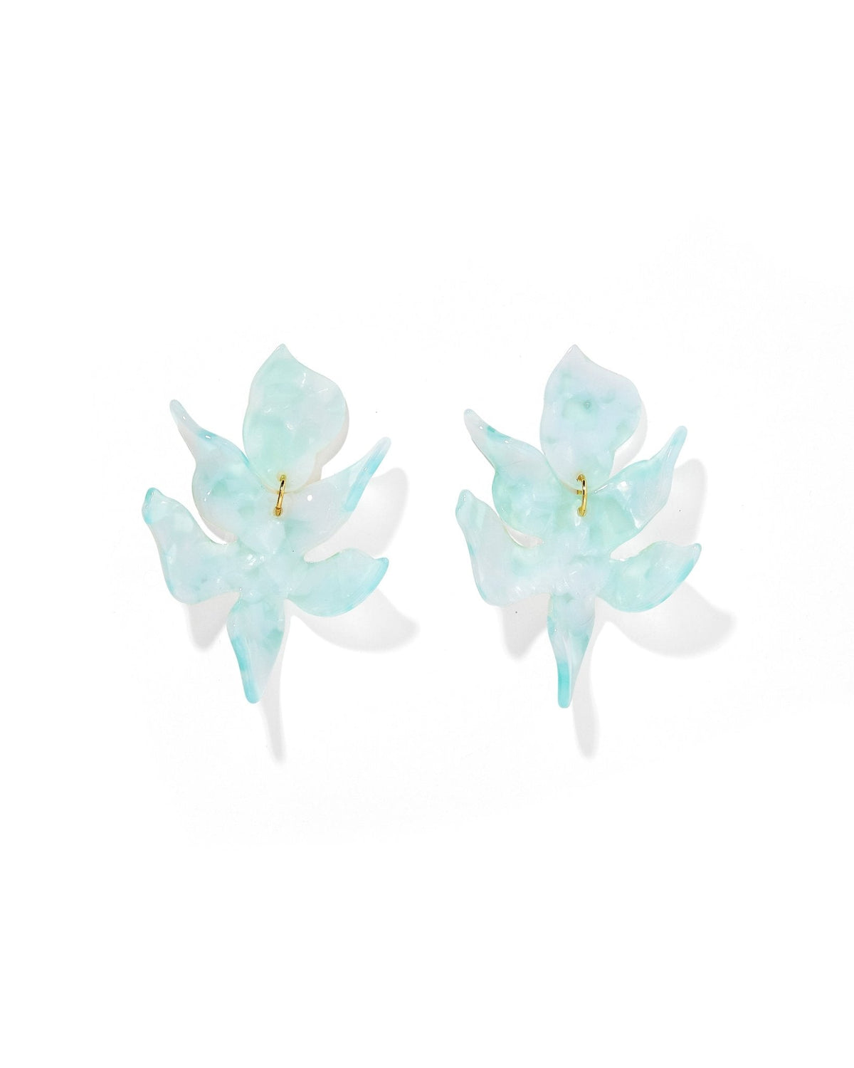 Mint translucent floral statement earrings with gold-tone hooks and dangling blossoms