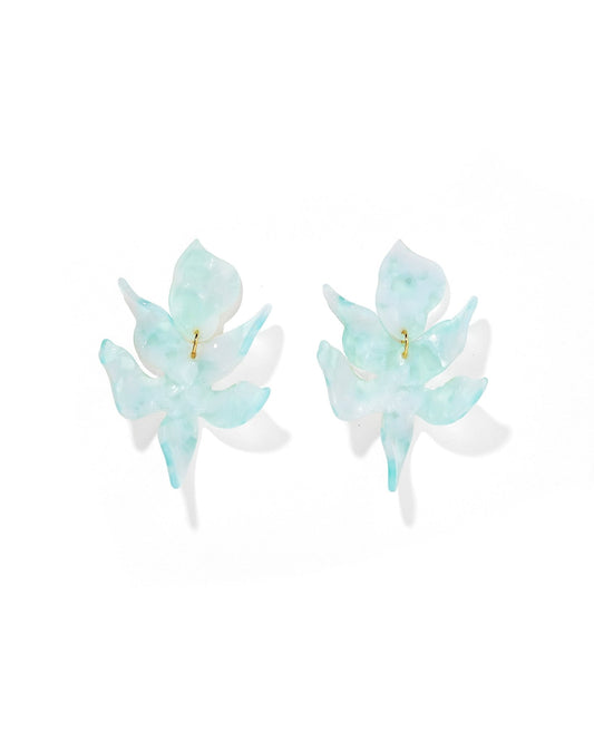 Mint translucent floral statement earrings with gold-tone hooks and dangling blossoms