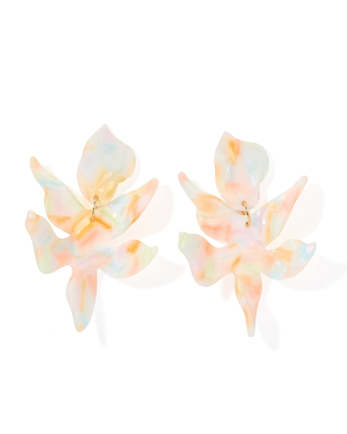 Iridescent floral statement earrings with layered petals and gold-tone hooks