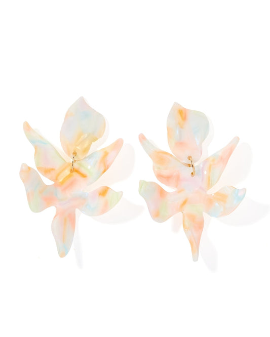 Iridescent floral statement earrings with layered petals and gold-tone hooks