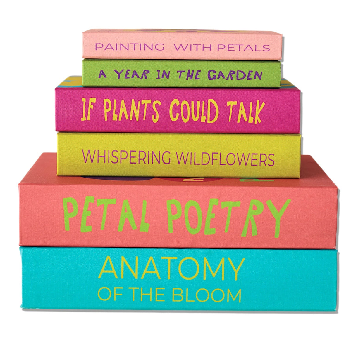 Floral canvas storage book box with stacked colorful books and visible book spines