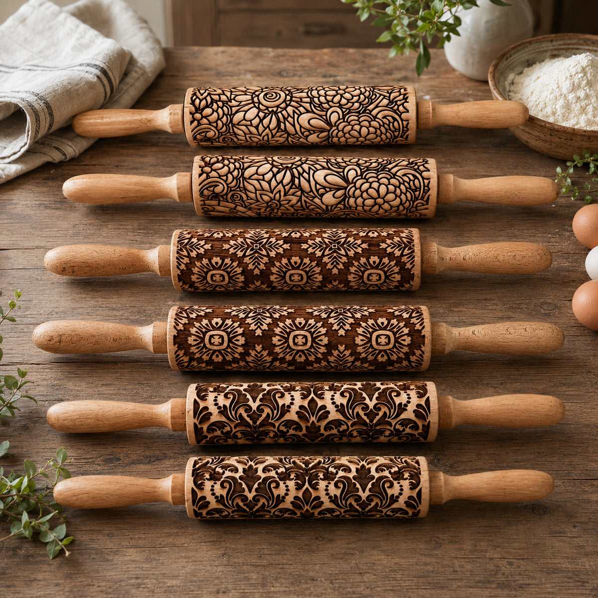 Decorative rolling pin set with carved wooden handles and brown patterned sleeves