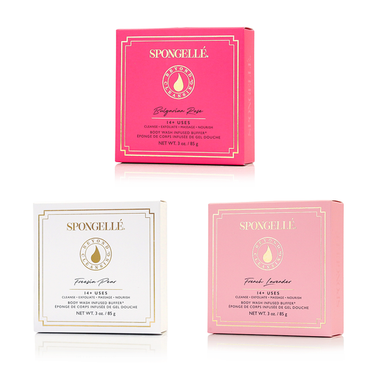 Pink soap box with SPONGELLE branding
