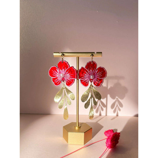 Gold-tone hook acrylic flower earrings, red petals with pearl centers and gold leaves