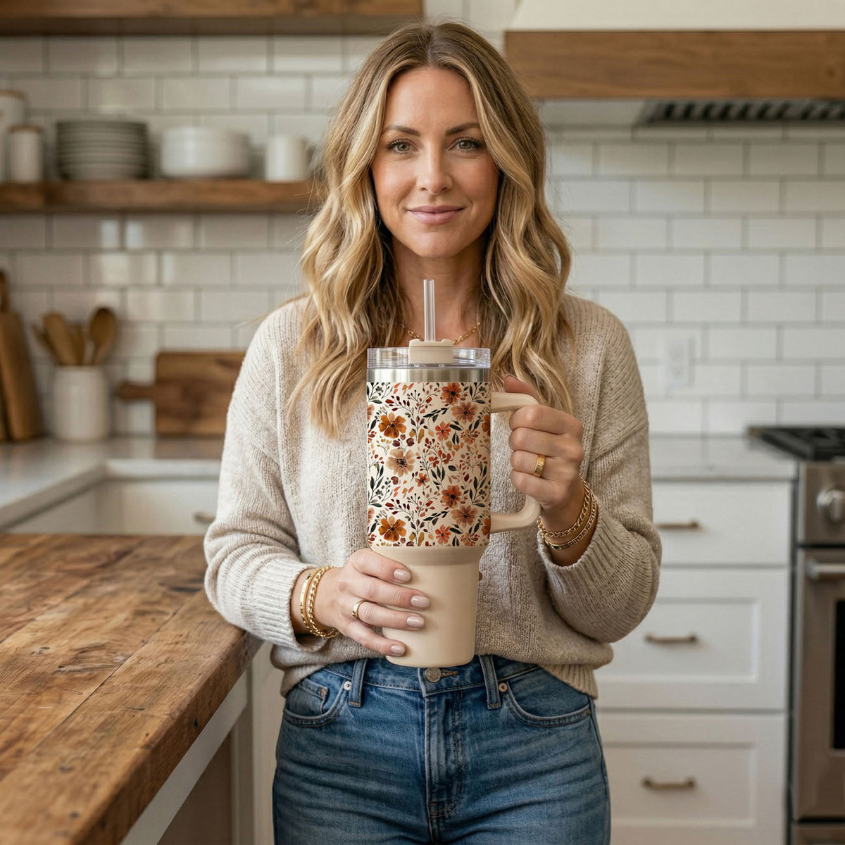 Floral 40oz tumbler with clear lid and straw, held by person in kitchen