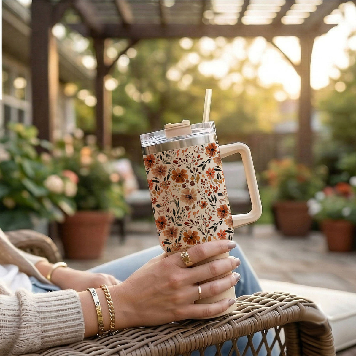 40oz floral insulated tumbler with clear lid and drinking straw, held by hand