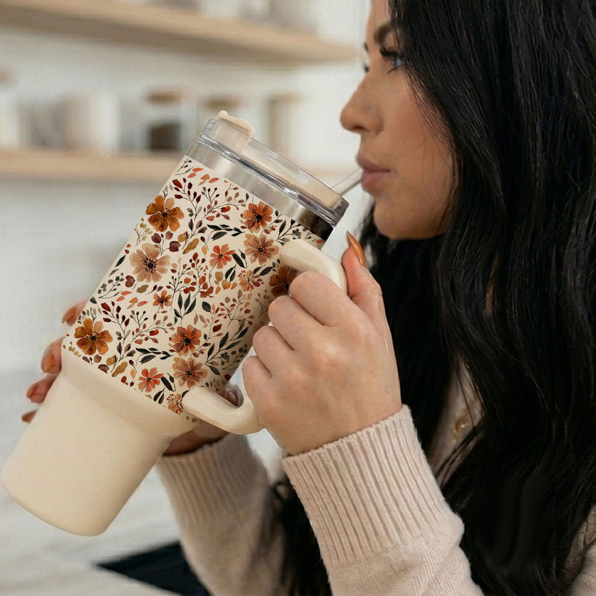 40oz floral insulated tumbler with handle and straw, floral wrap pattern close-up